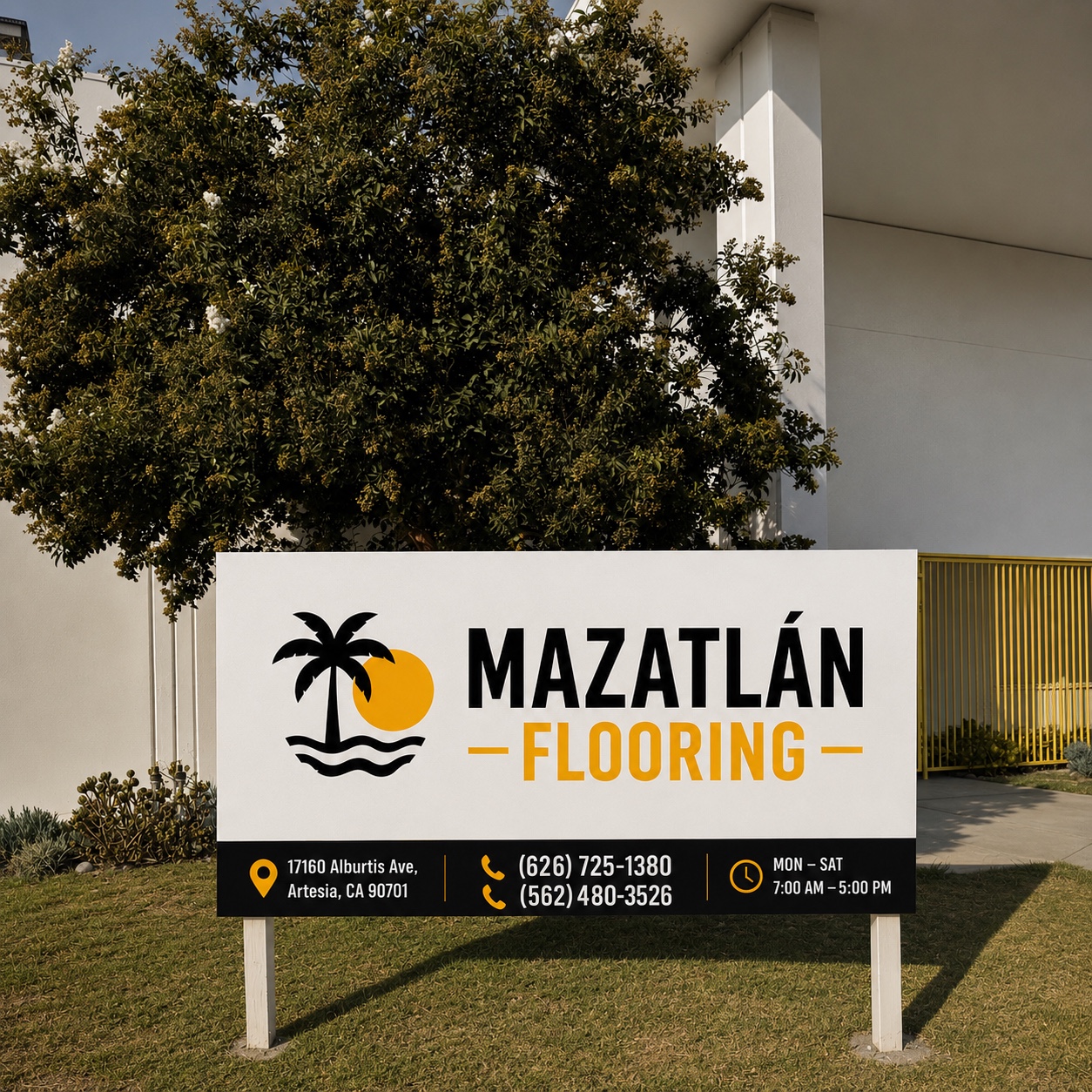 MAZATLÁN FLOORING outdoor sign and warehouse